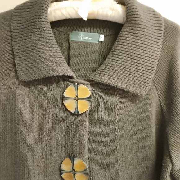 Women's Vintage Willow Boho Long Gray Sweater Coat with Fancy Buttons Large - Picture 2 of 10